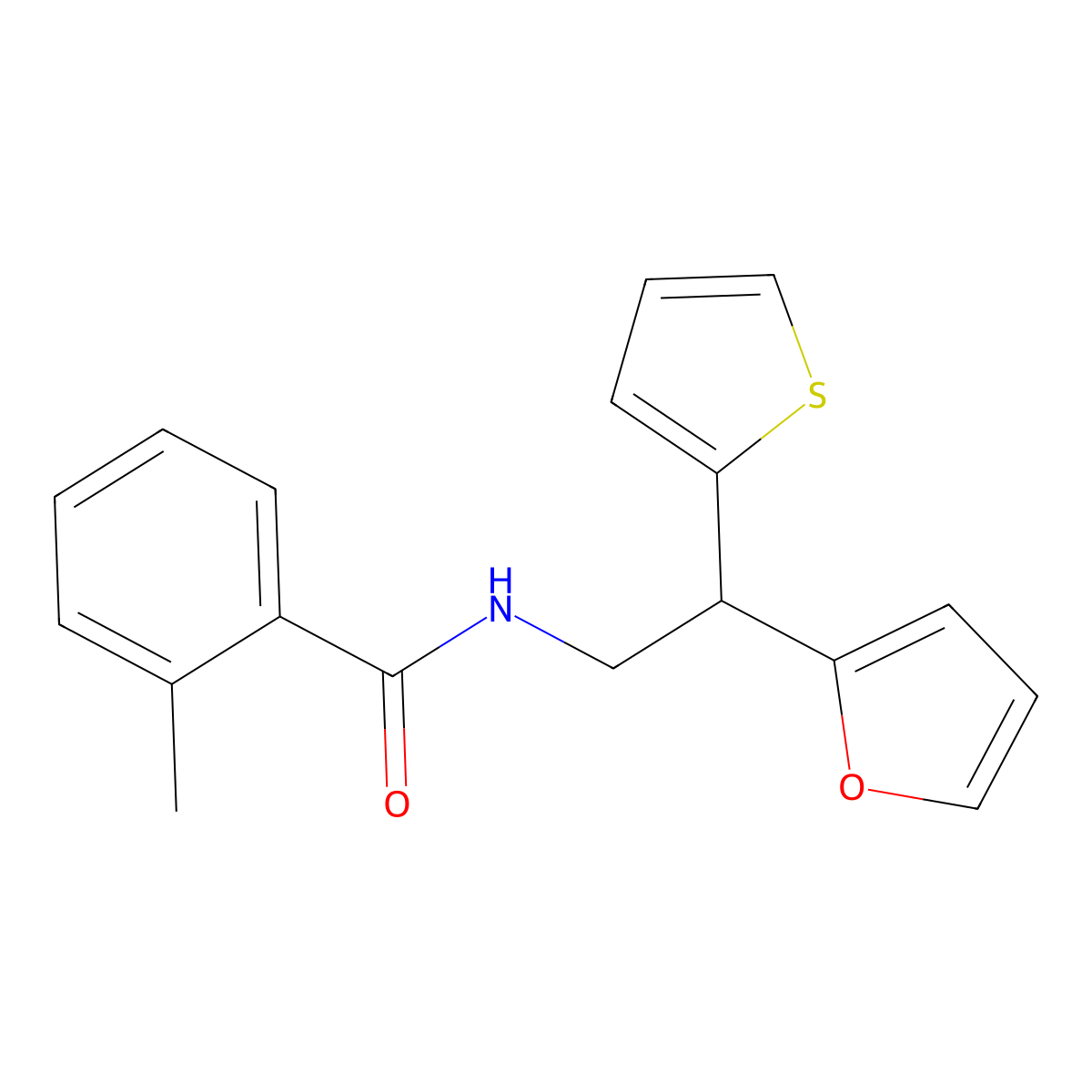 N-[2-(furan-2-yl)-2-(thiophen-2-yl)ethyl]-2-methylbenzamide molecular structure, CAS 2097904-35-1