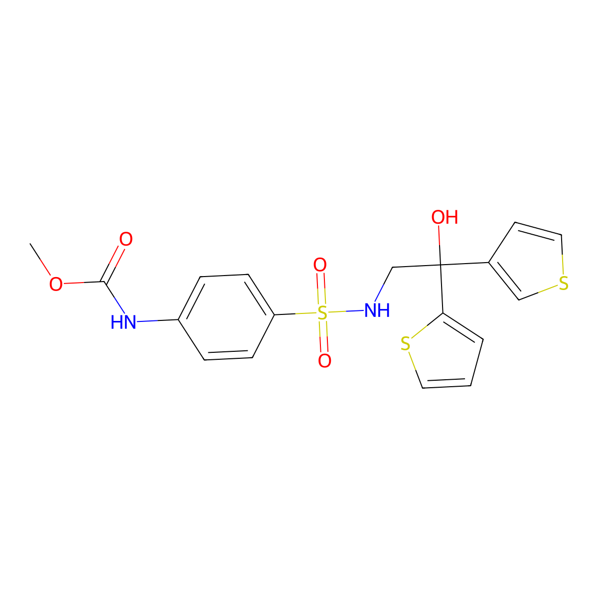 methyl (4-(N-(2-hydroxy-2-(thiophen-2-yl)-2-(thiophen-3-yl)ethyl)sulfamoyl)phenyl)carbamate molecular structure, CAS 2097908-64-8