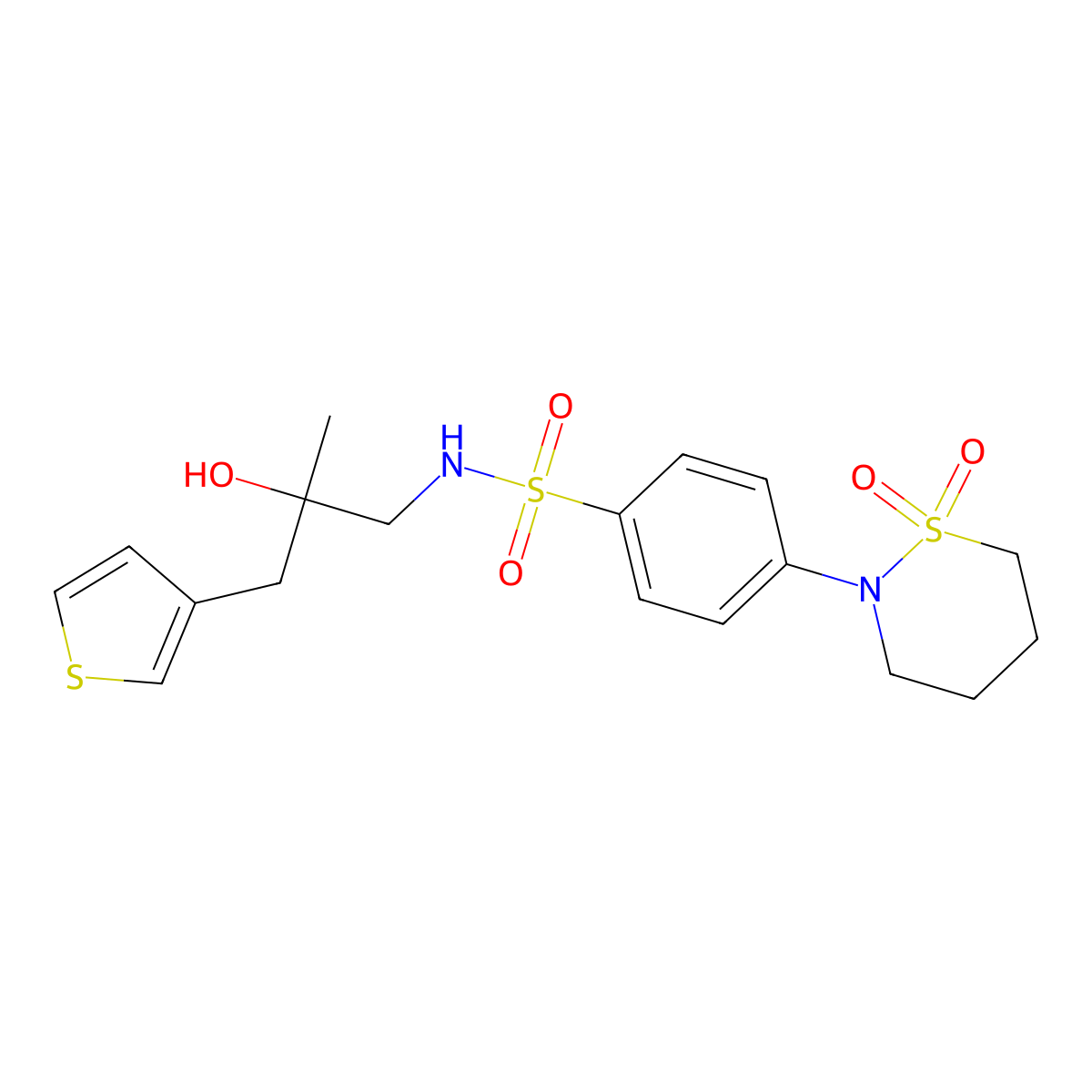 S-[4-(1,1-dioxo-1lambda6,2-thiazinan-2-yl)phenyl]-2-hydroxy-2-methyl-3-(thiophen-3-yl)propane-1-sulfonamido molecular structure, CAS 2097908-85-3