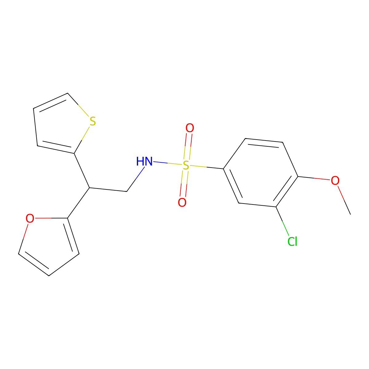 3-chloro-N-[2-(furan-2-yl)-2-(thiophen-2-yl)ethyl]-4-methoxybenzene-1-sulfonamide molecular structure, CAS 2097909-07-2