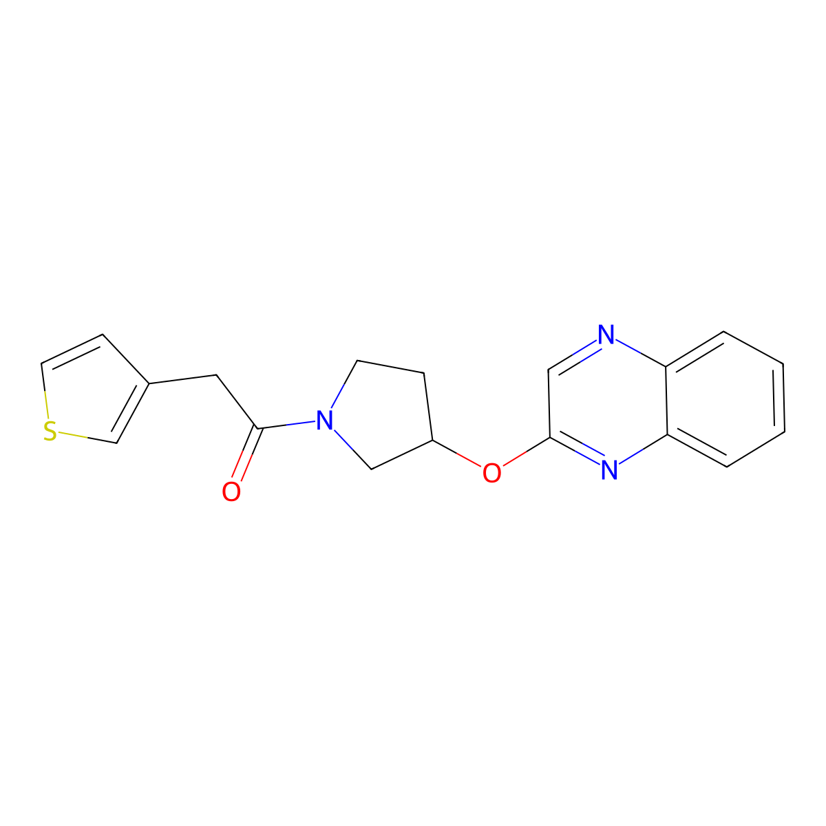 1-[3-(Quinoxalin-2-yloxy)pyrrolidin-1-yl]-2-(thiophen-3-yl)ethan-1-one molecular structure, CAS 2097909-65-2