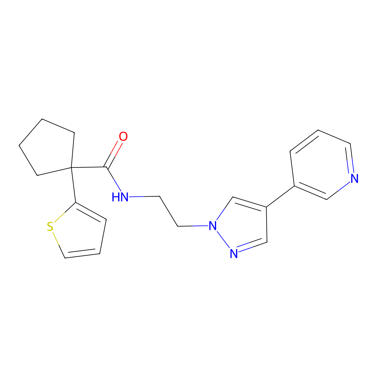 N-{2-[4-(pyridin-3-yl)-1H-pyrazol-1-yl]ethyl}-1-(thiophen-2-yl)cyclopentane-1-carboxamide molecular structure, CAS 2097909-69-6