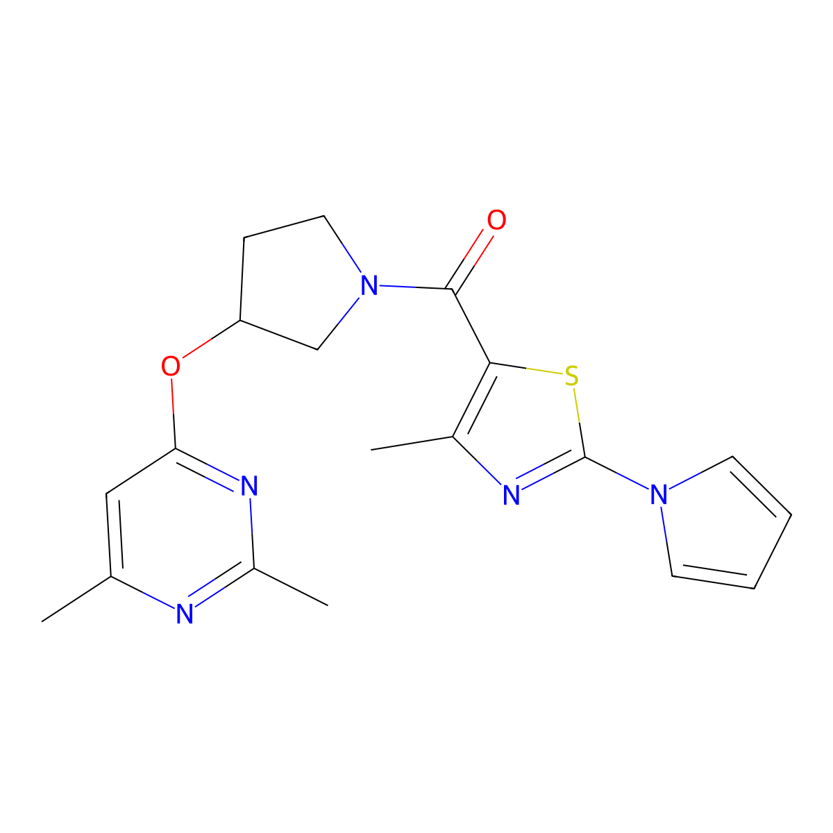 2,4-dimethyl-6-({1-[4-methyl-2-(1H-pyrrol-1-yl)-1,3-thiazole-5-carbonyl]pyrrolidin-3-yl}oxy)pyrimidine molecular structure, CAS 2097909-96-9