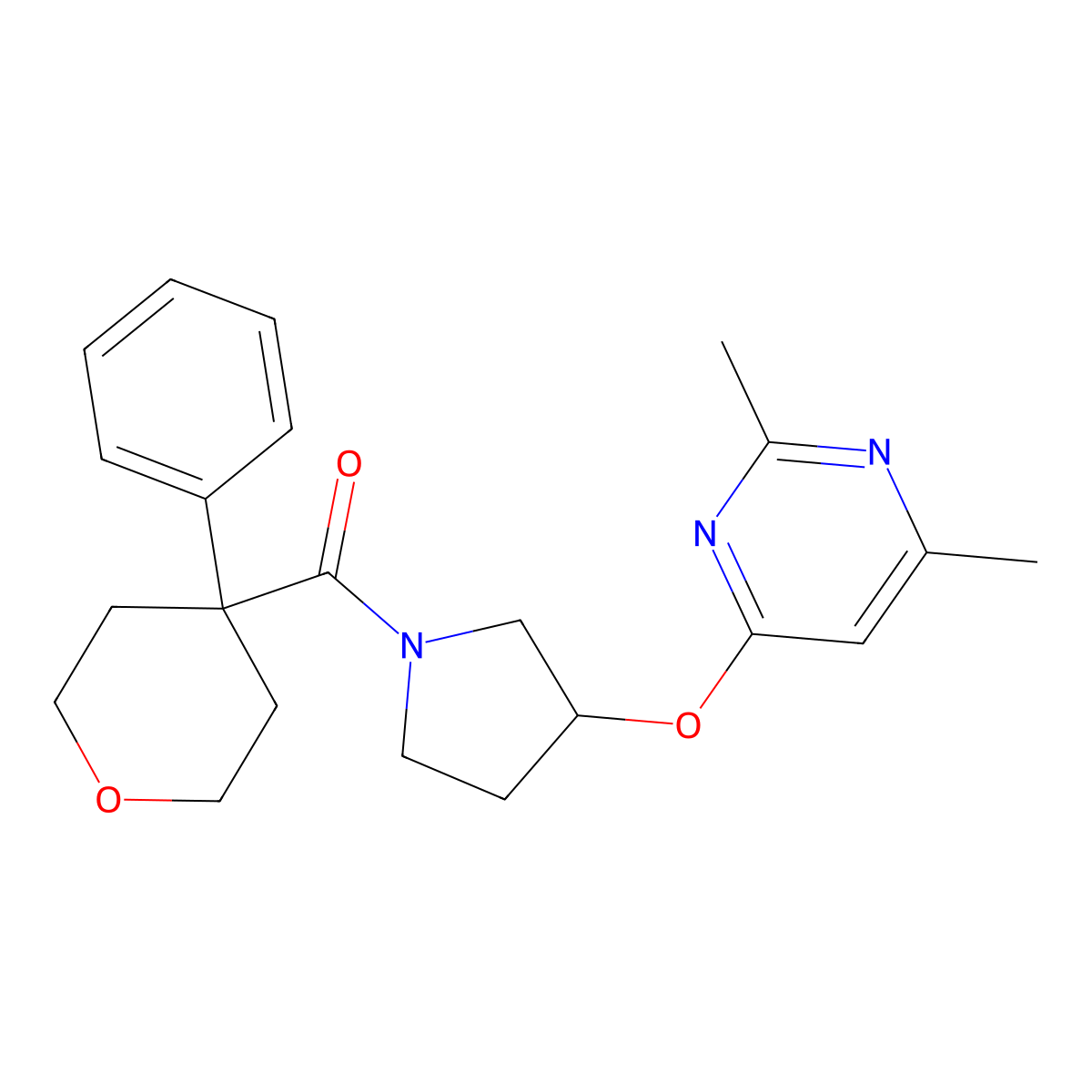 2,4-Dimethyl-6-{[1-(4-phenyloxane-4-carbonyl)pyrrolidin-3-yl]oxy}pyrimidine molecular structure, CAS 2097910-14-8