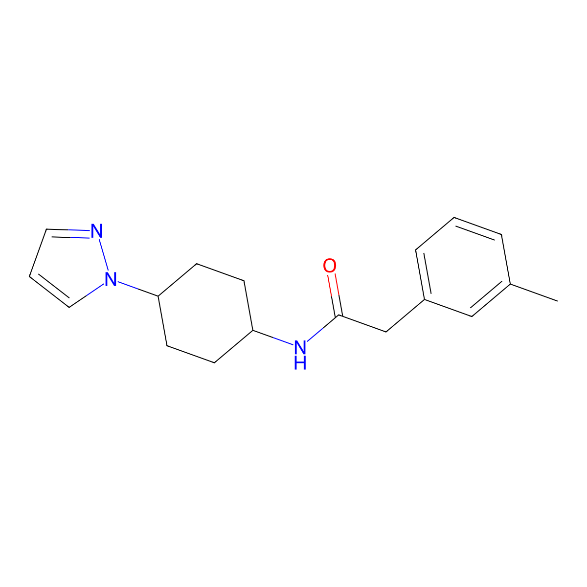 2-(3-methylphenyl)-N-[4-(1H-pyrazol-1-yl)cyclohexyl]acetamide molecular structure, CAS 2097910-40-0