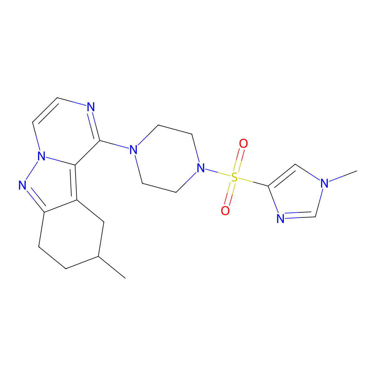 1-[(1-methyl-1H-imidazol-4-yl)sulfonyl]-4-{9-methyl-7H,8H,9H,10H-pyrazino[1,2-b]indazol-1-yl}piperazine molecular structure, CAS 2097910-41-1