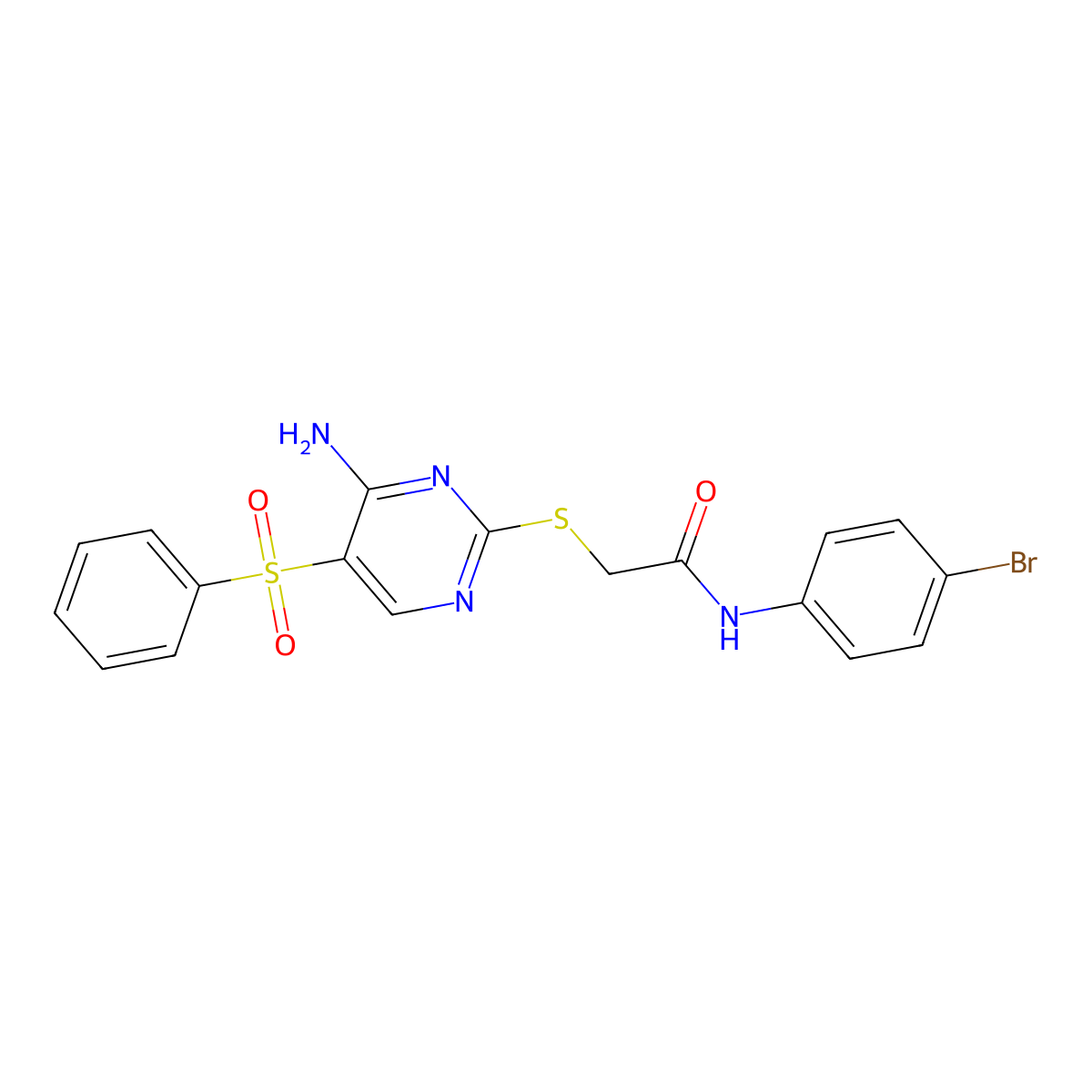 2-{[4-amino-5-(benzenesulfonyl)pyrimidin-2-yl]sulfanyl}-N-(4-bromophenyl)acetamide molecular structure, CAS 2097910-42-2