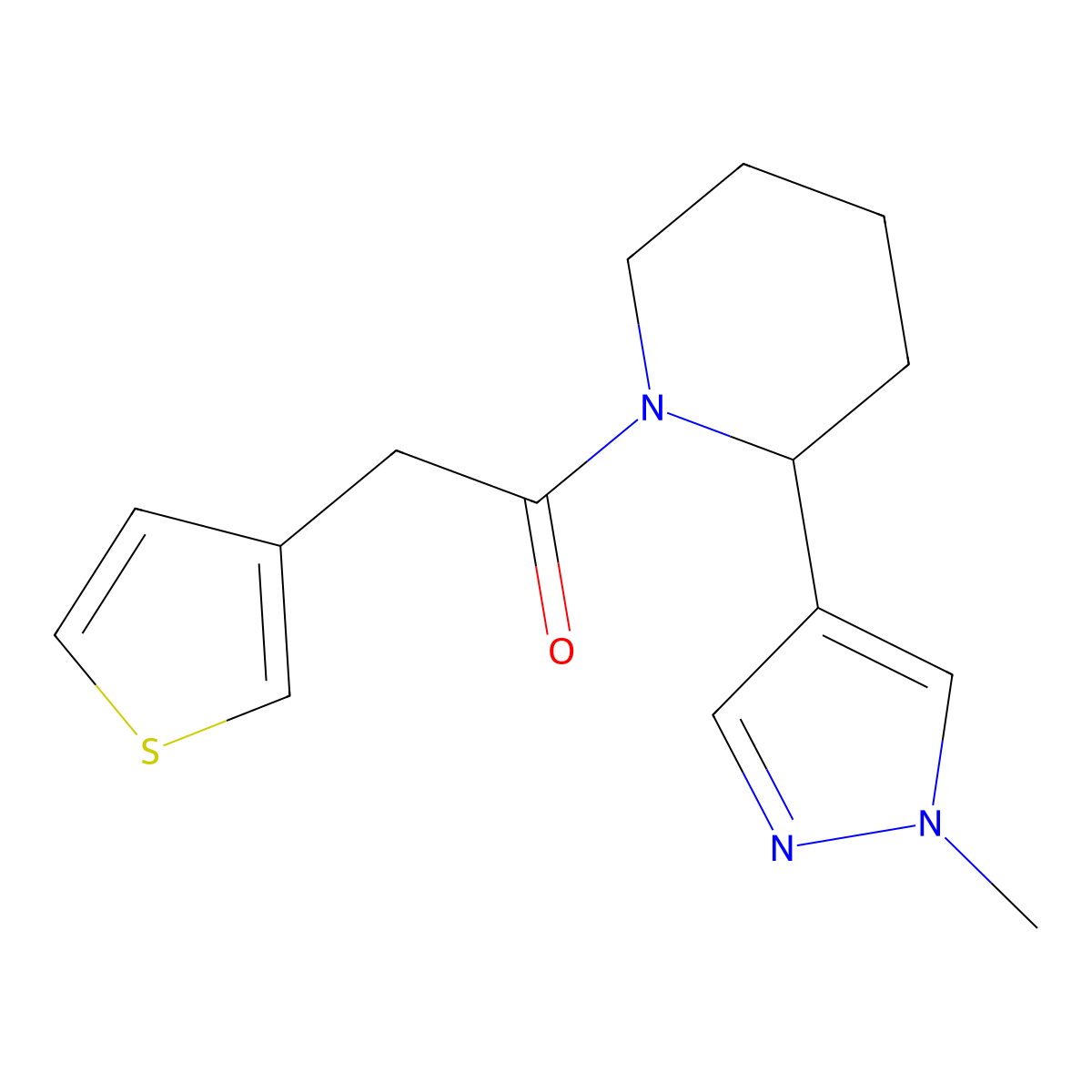 1-[2-(1-methyl-1H-pyrazol-4-yl)piperidin-1-yl]-2-(thiophen-3-yl)ethan-1-one molecular structure, CAS 2097910-59-1