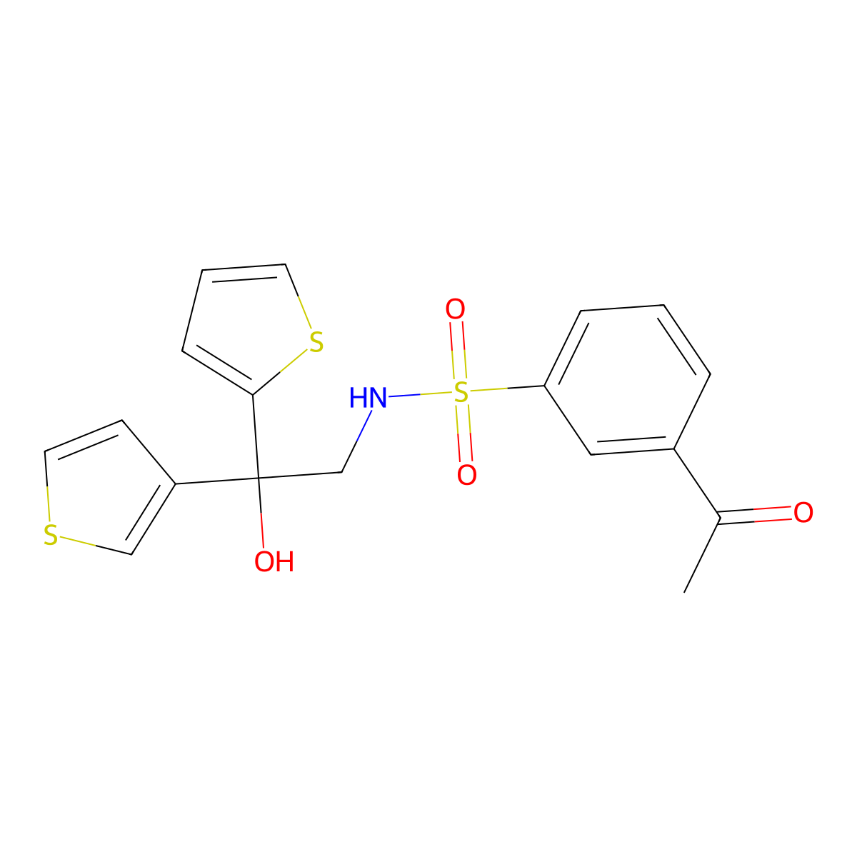 3-acetyl-N-[2-hydroxy-2-(thiophen-2-yl)-2-(thiophen-3-yl)ethyl]benzene-1-sulfonamide molecular structure, CAS 2097910-61-5