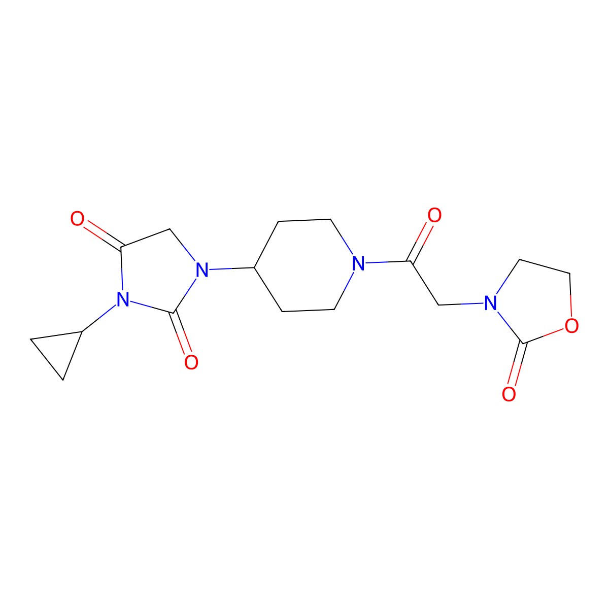 3-Cyclopropyl-1-{1-[2-(2-oxo-1,3-oxazolidin-3-yl)acetyl]piperidin-4-yl}imidazolidine-2,4-dione molecular structure, CAS 2097911-43-6