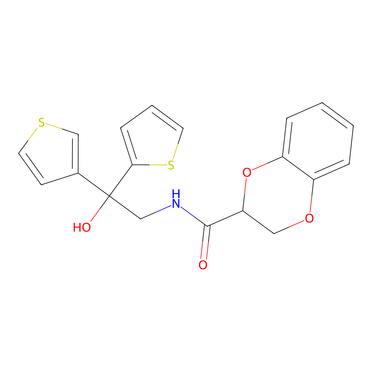 N-(2-hydroxy-2-(thiophen-2-yl)-2-(thiophen-3-yl)ethyl)-2,3-dihydrobenzo[b][1,4]dioxine-2-carboxamide molecular structure, CAS 2097911-64-1