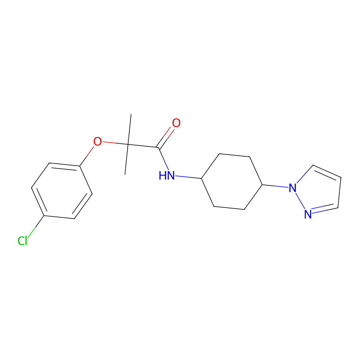 2-(4-chlorophenoxy)-2-methyl-N-[4-(1H-pyrazol-1-yl)cyclohexyl]propanamide molecular structure, CAS 2097911-82-3