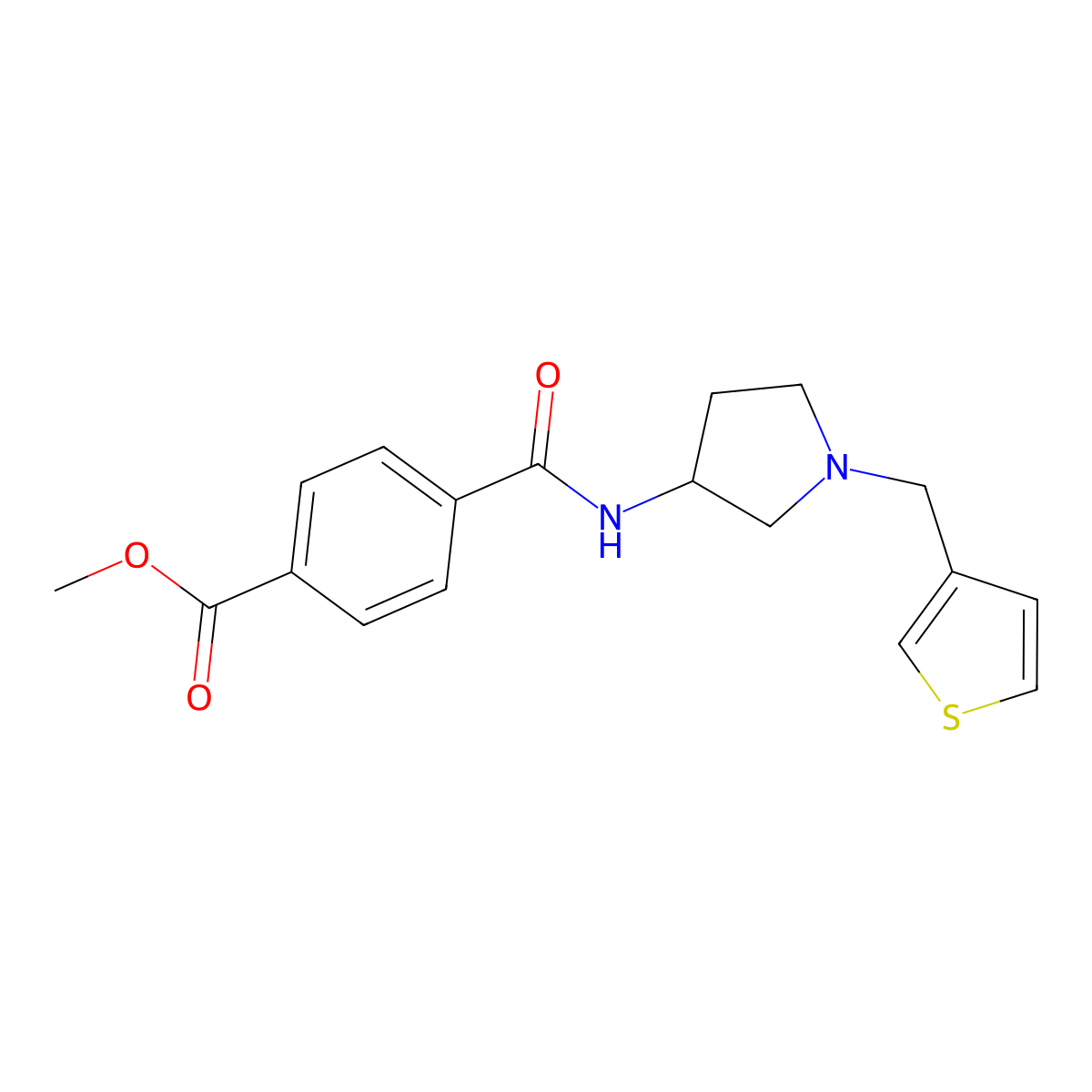 Methyl 4-({1-[(thiophen-3-yl)methyl]pyrrolidin-3-yl}carbamoyl)benzoate molecular structure, CAS 2097911-90-3
