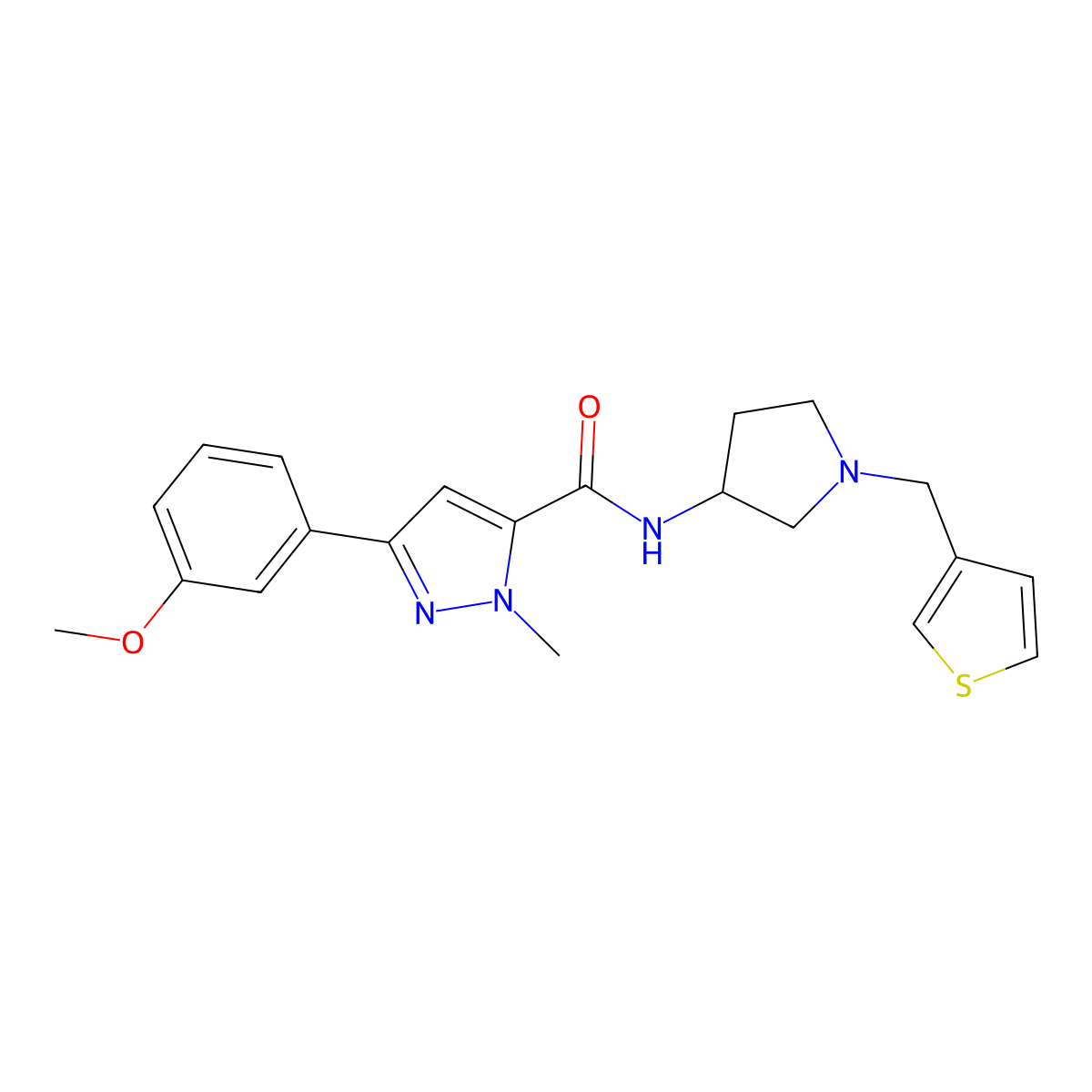 3-(3-methoxyphenyl)-1-methyl-N-{1-[(thiophen-3-yl)methyl]pyrrolidin-3-yl}-1H-pyrazole-5-carboxamide molecular structure, CAS 2097912-07-5