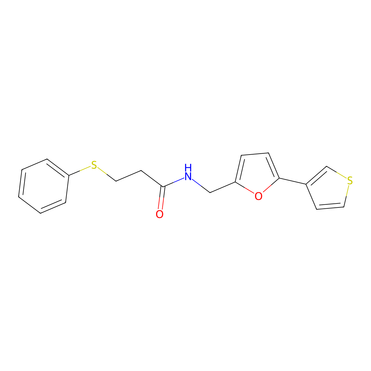 3-(phenylsulfanyl)-N-{[5-(thiophen-3-yl)furan-2-yl]methyl}propanamide molecular structure, CAS 2097912-08-6