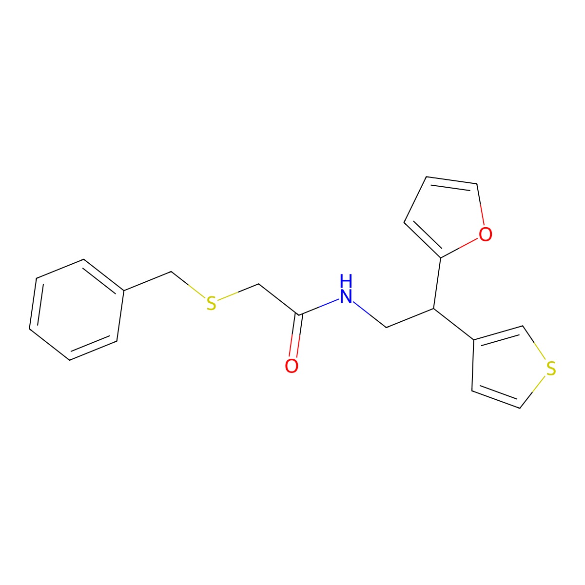 2-(benzylsulfanyl)-N-[2-(furan-2-yl)-2-(thiophen-3-yl)ethyl]acetamide molecular structure, CAS 2097912-11-1