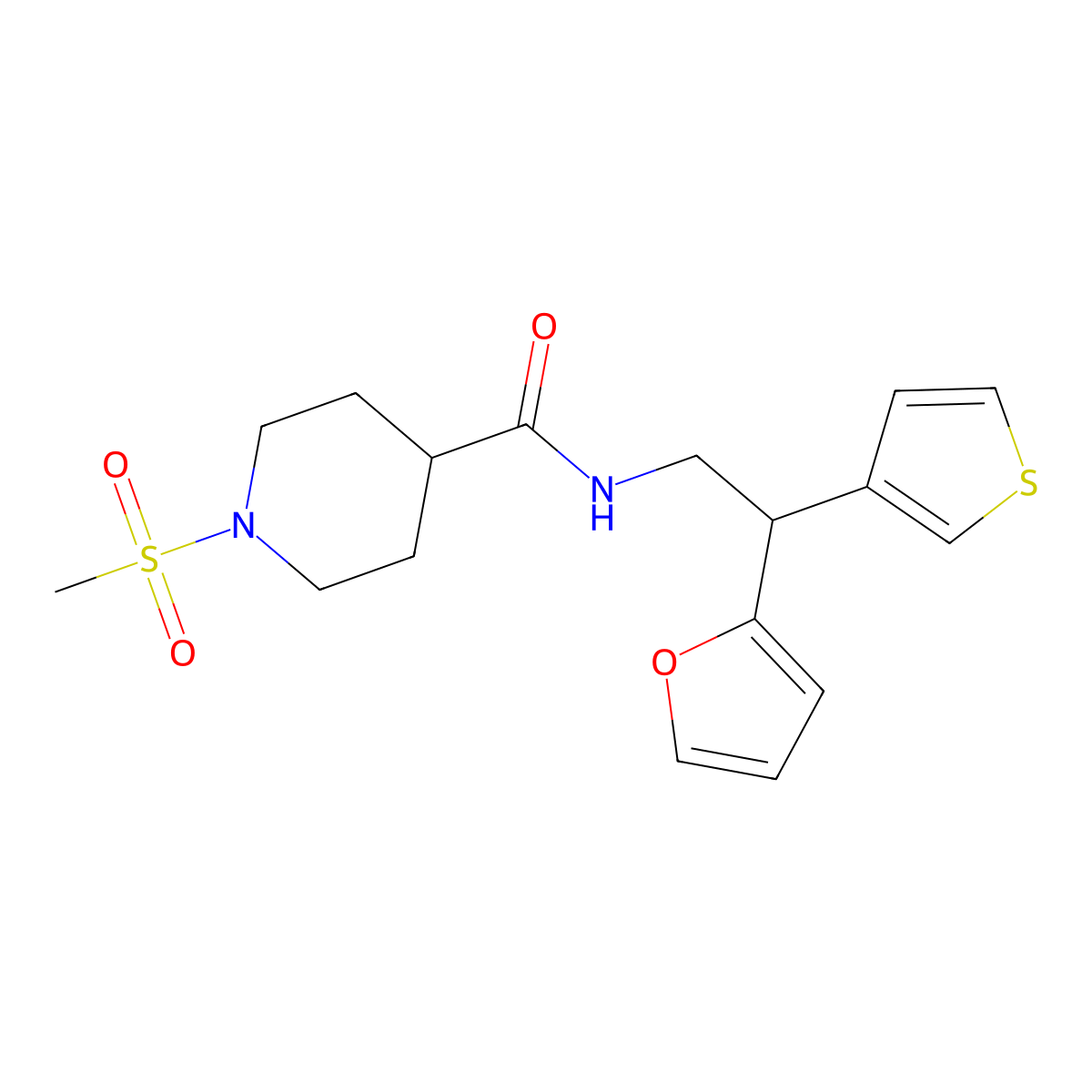 N-[2-(furan-2-yl)-2-(thiophen-3-yl)ethyl]-1-methanesulfonylpiperidine-4-carboxamide molecular structure, CAS 2097912-23-5