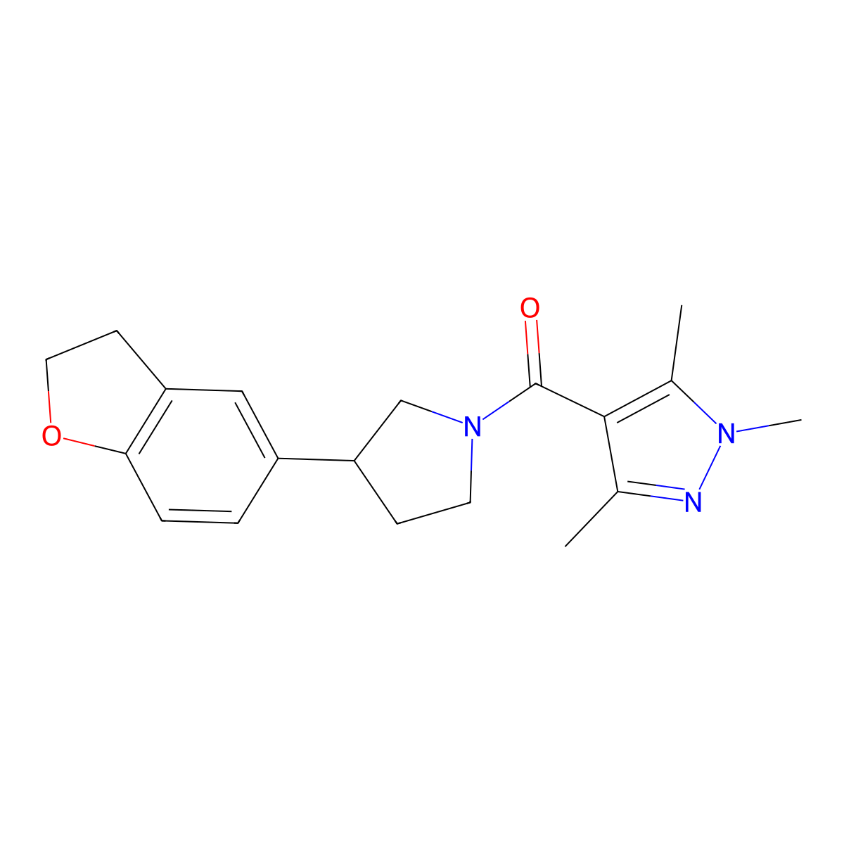 4-[3-(2,3-dihydro-1-benzofuran-5-yl)pyrrolidine-1-carbonyl]-1,3,5-trimethyl-1H-pyrazole molecular structure, CAS 2097912-25-7