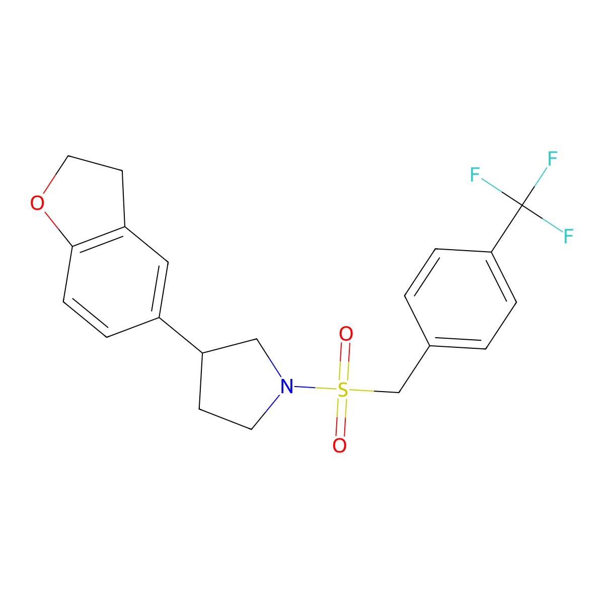3-(2,3-Dihydro-1-benzofuran-5-yl)-1-{[4-(trifluoromethyl)phenyl]methanesulfonyl}pyrrolidine molecular structure, CAS 2097912-35-9