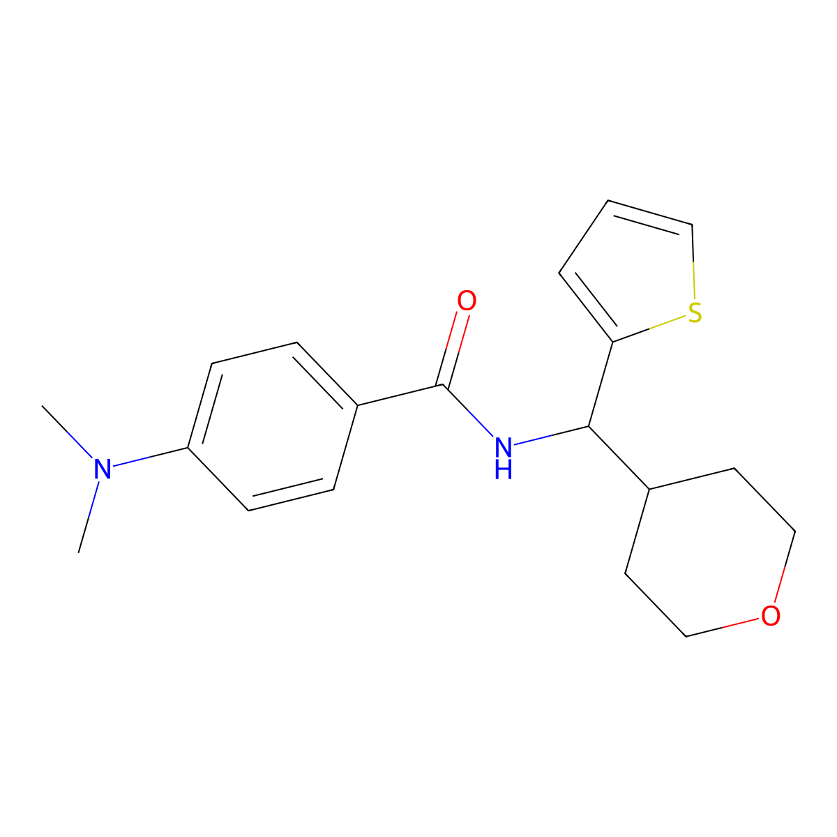 4-(dimethylamino)-N-[(oxan-4-yl)(thiophen-2-yl)methyl]benzamide molecular structure, CAS 2097912-42-8