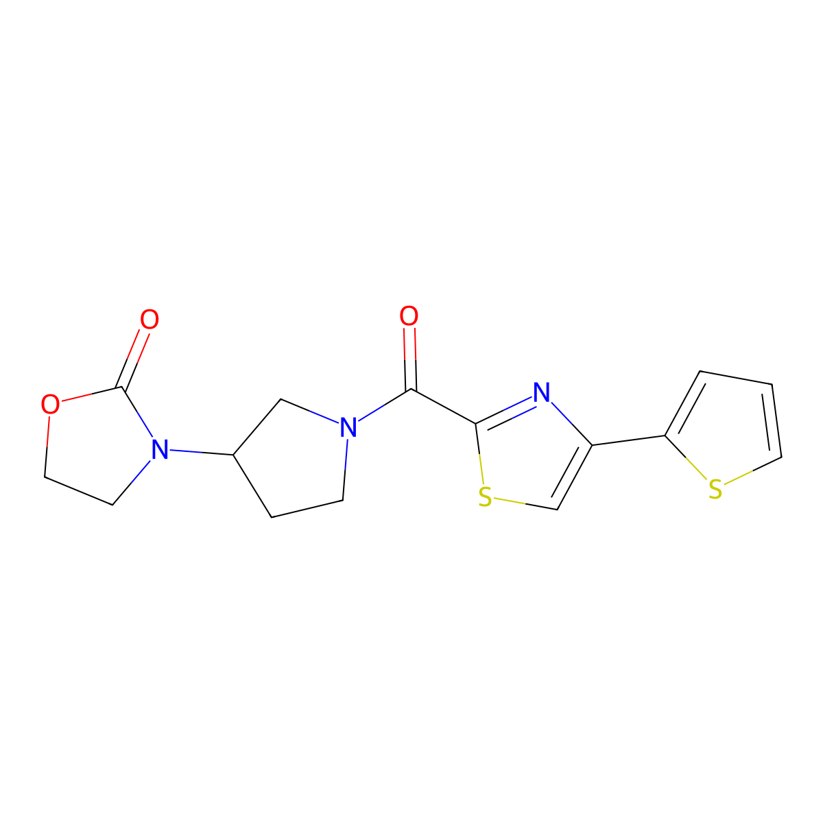 3-{1-[4-(Thiophen-2-yl)-1,3-thiazole-2-carbonyl]pyrrolidin-3-yl}-1,3-oxazolidin-2-one molecular structure, CAS 2097912-45-1