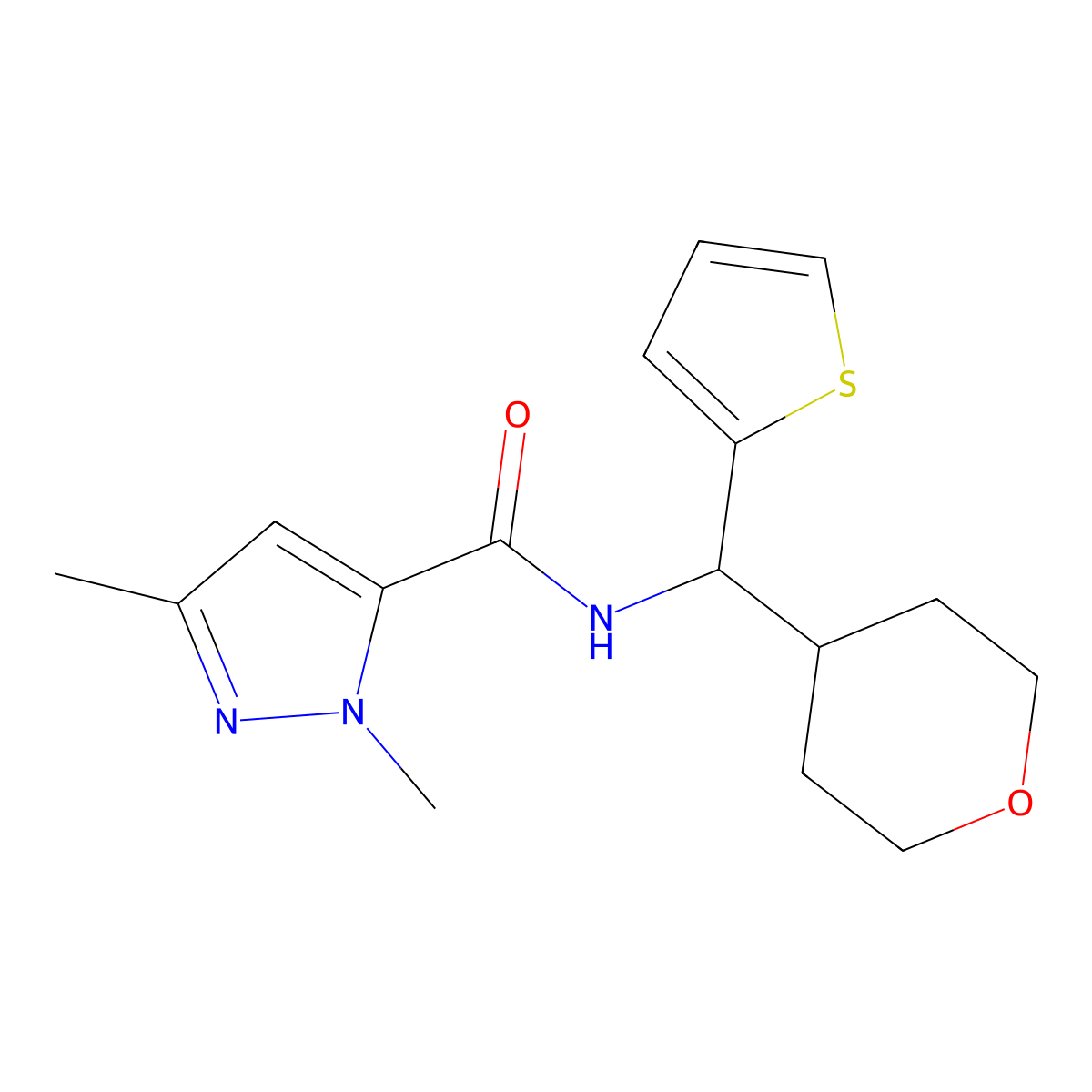 1,3-dimethyl-N-[(oxan-4-yl)(thiophen-2-yl)methyl]-1H-pyrazole-5-carboxamide molecular structure, CAS 2097912-52-0