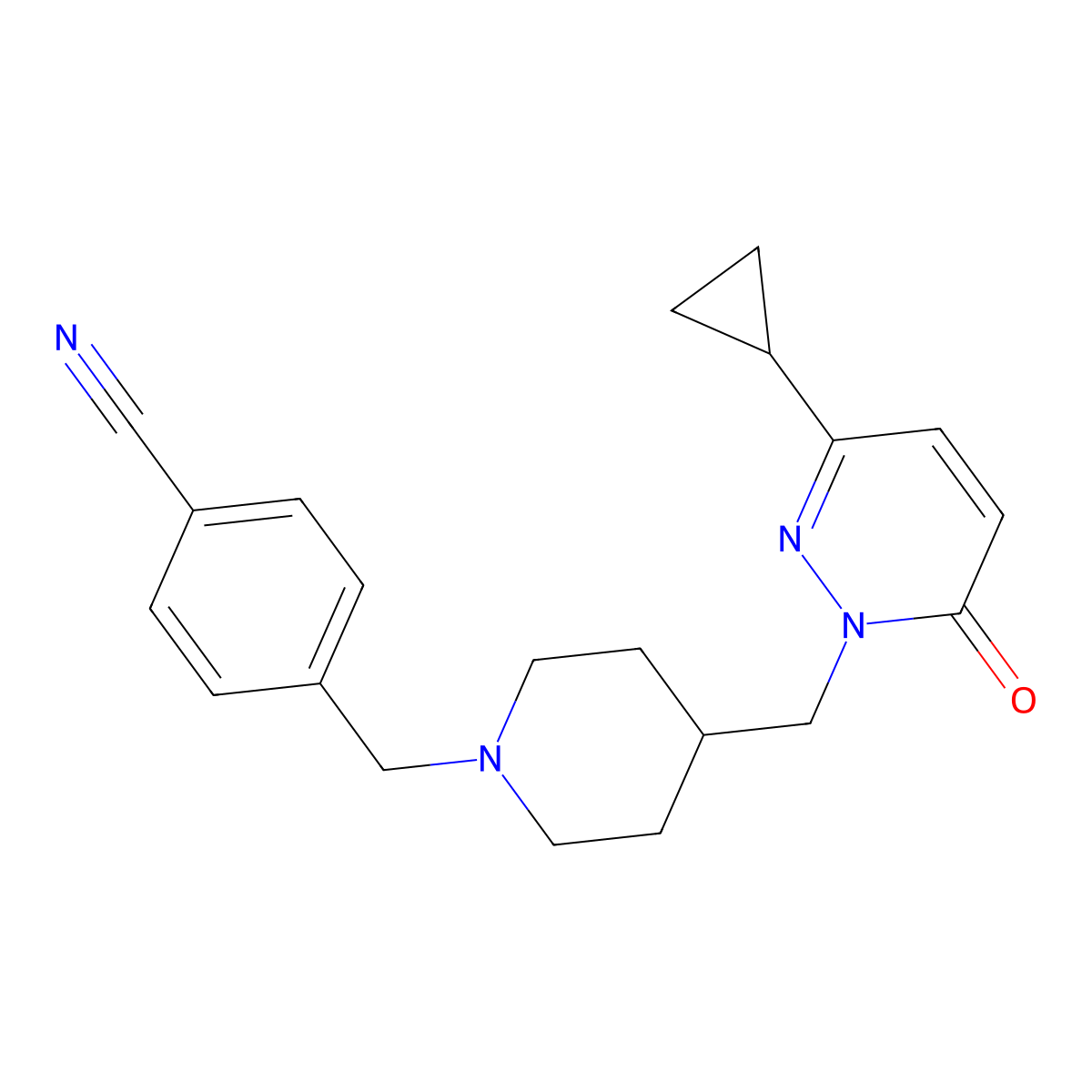 4-({4-[(3-Cyclopropyl-6-oxo-1,6-dihydropyridazin-1-yl)methyl]piperidin-1-yl}methyl)benzonitrile molecular structure, CAS 2097912-72-4
