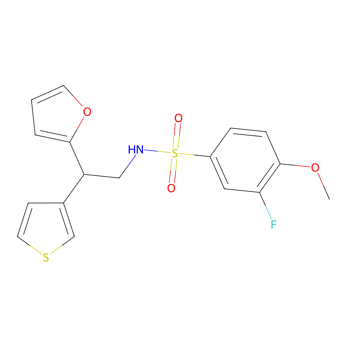 3-fluoro-N-[2-(furan-2-yl)-2-(thiophen-3-yl)ethyl]-4-methoxybenzene-1-sulfonamide molecular structure, CAS 2097912-85-9