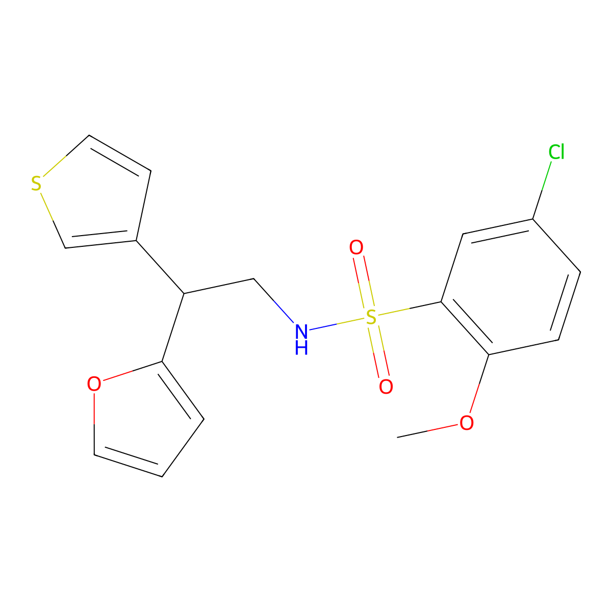 5-chloro-N-(2-(furan-2-yl)-2-(thiophen-3-yl)ethyl)-2-methoxybenzenesulfonamide molecular structure, CAS 2097912-96-2