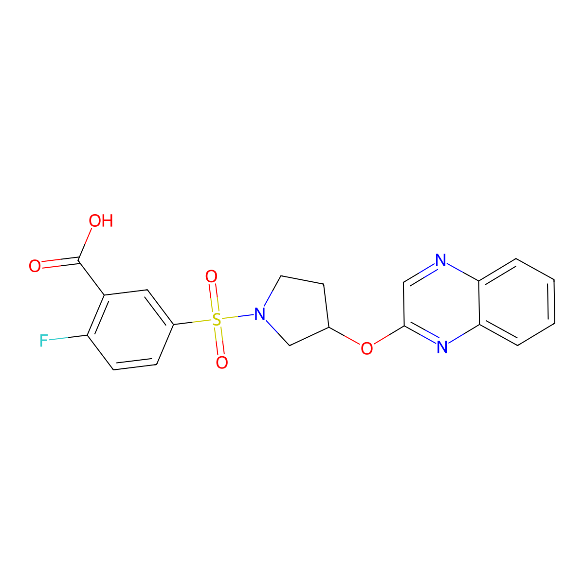 2-Fluoro-5-{[3-(quinoxalin-2-yloxy)pyrrolidin-1-yl]sulfonyl}benzoic acid molecular structure, CAS 2097913-06-7