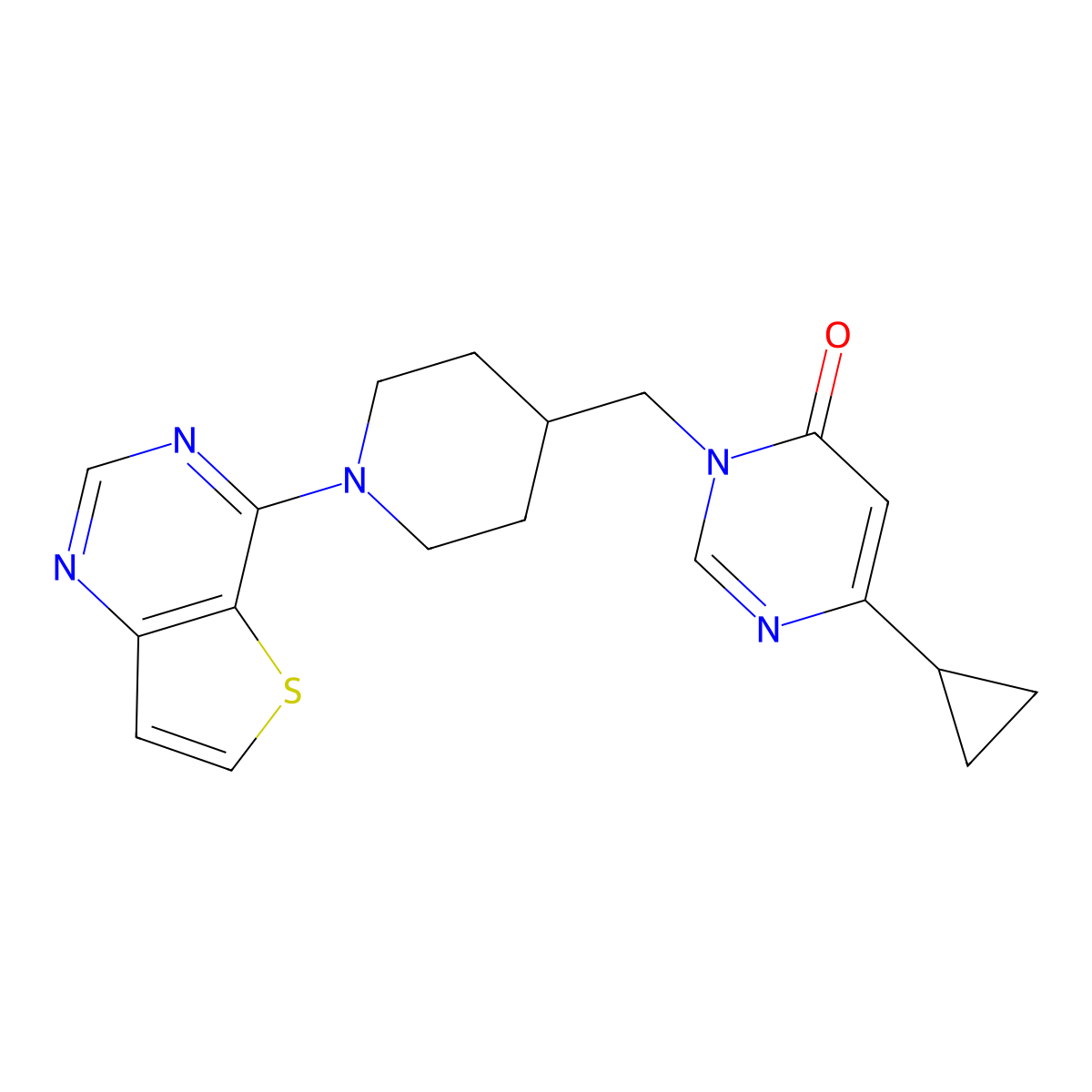 6-Cyclopropyl-3-[(1-{thieno[3,2-d]pyrimidin-4-yl}piperidin-4-yl)methyl]-3,4-dihydropyrimidin-4-one molecular structure, CAS 2097913-09-0