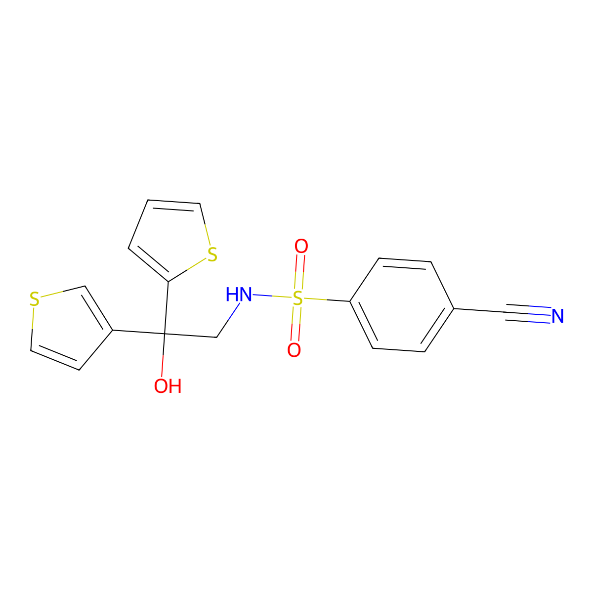 4-cyano-N-(2-hydroxy-2-(thiophen-2-yl)-2-(thiophen-3-yl)ethyl)benzenesulfonamide molecular structure, CAS 2097913-11-4