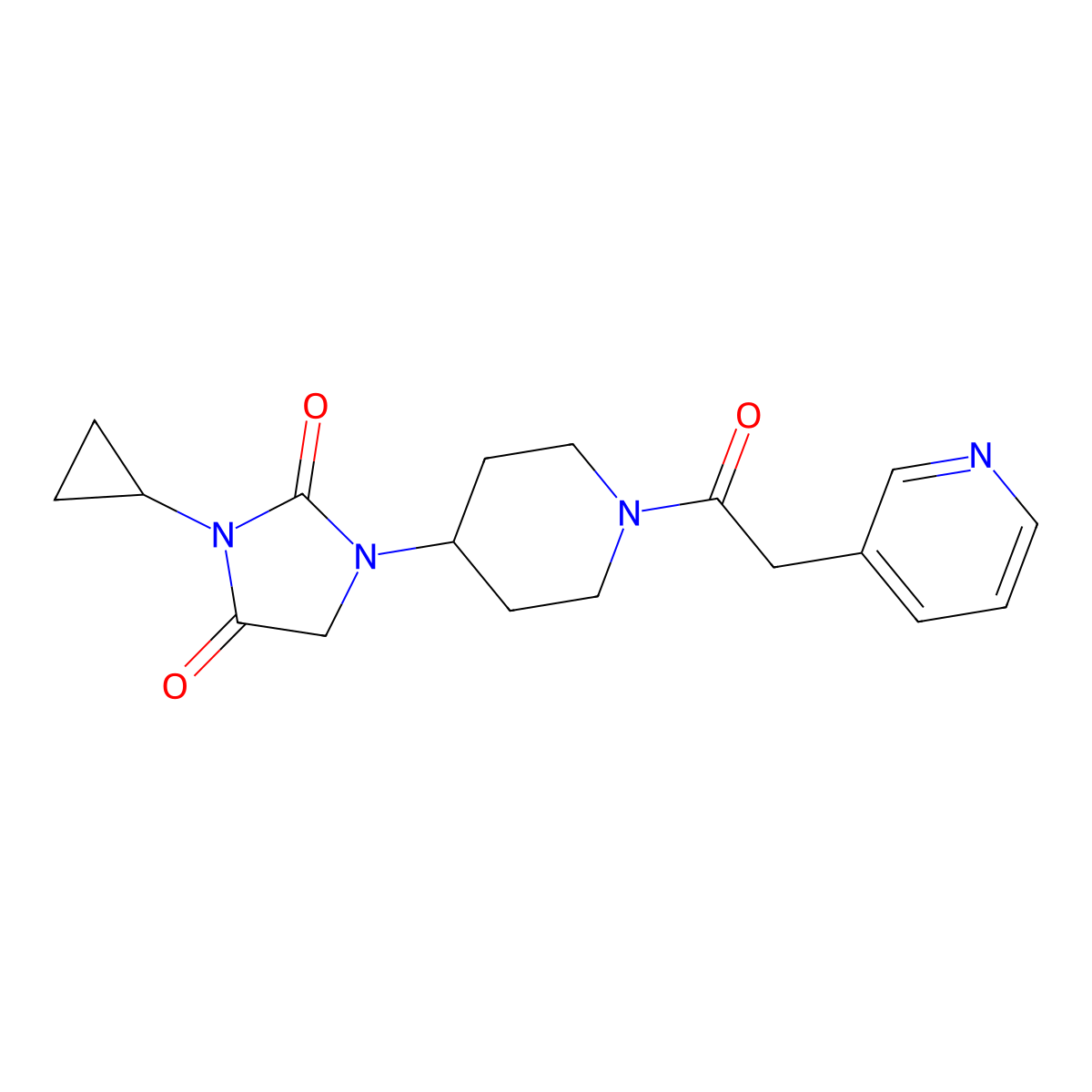 3-Cyclopropyl-1-{1-[2-(pyridin-3-yl)acetyl]piperidin-4-yl}imidazolidine-2,4-dione molecular structure, CAS 2097913-16-9