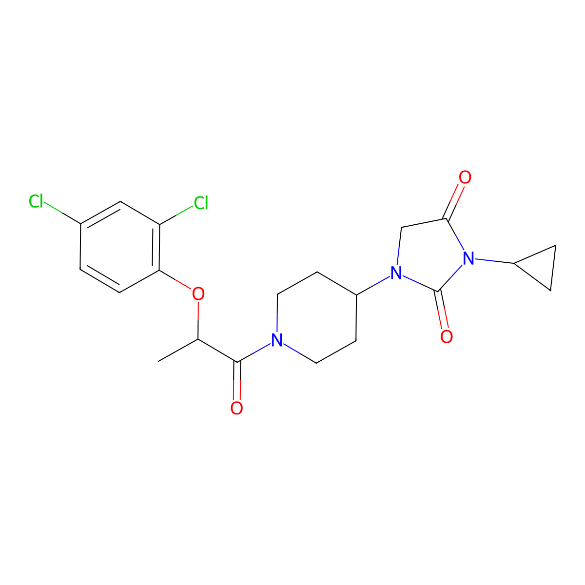 3-Cyclopropyl-1-{1-[2-(2,4-dichlorophenoxy)propanoyl]piperidin-4-yl}imidazolidine-2,4-dione molecular structure, CAS 2097913-23-8