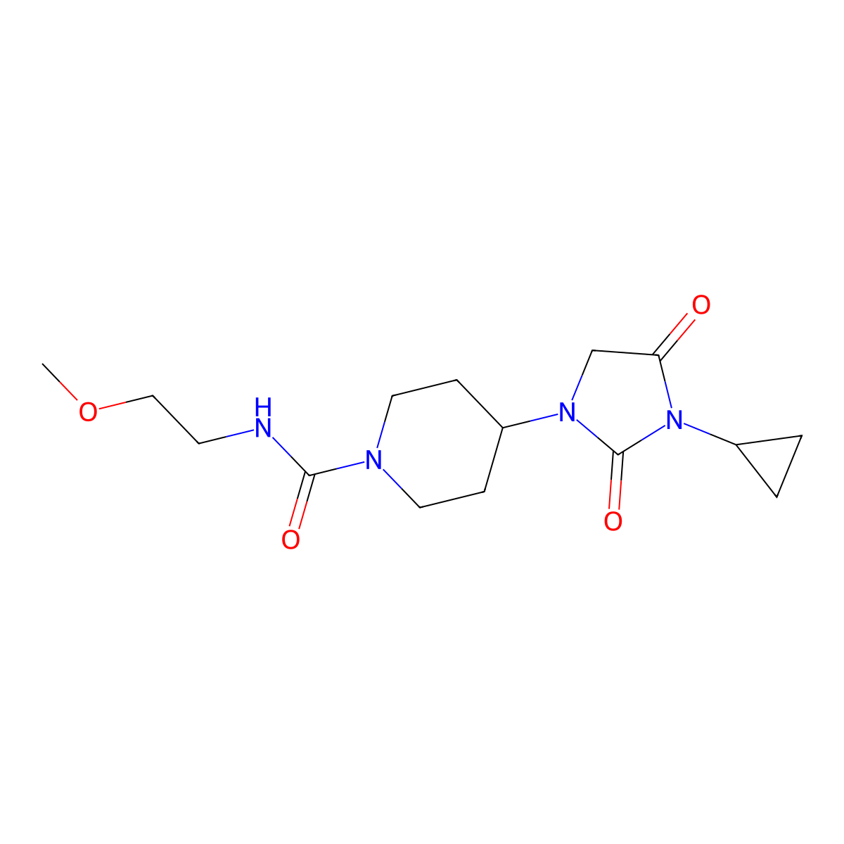 4-(3-cyclopropyl-2,4-dioxoimidazolidin-1-yl)-N-(2-methoxyethyl)piperidine-1-carboxamide molecular structure, CAS 2097913-37-4