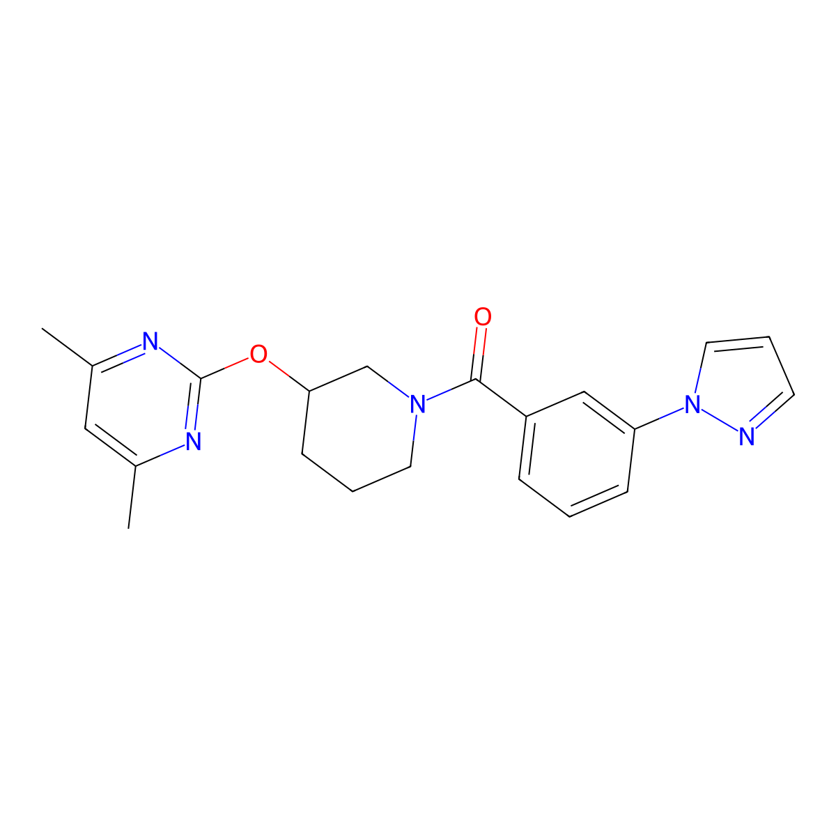 (3-(1H-pyrazol-1-yl)phenyl)(3-((4,6-dimethylpyrimidin-2-yl)oxy)piperidin-1-yl)methanone molecular structure, CAS 2097913-40-9