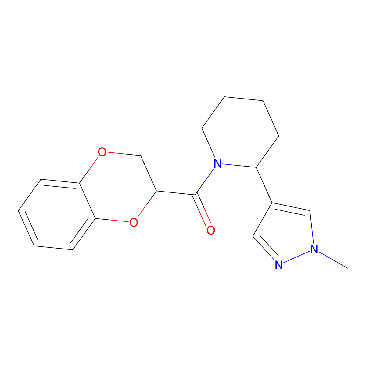 1-(2,3-dihydro-1,4-benzodioxine-2-carbonyl)-2-(1-methyl-1H-pyrazol-4-yl)piperidine molecular structure, CAS 2097913-41-0