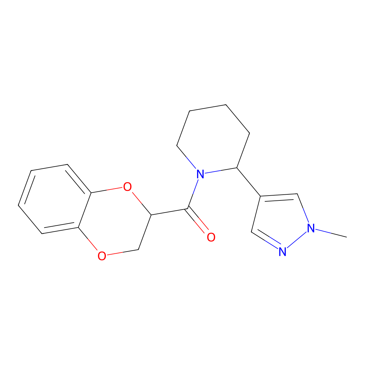 1-(2,3-dihydro-1,4-benzodioxine-2-carbonyl)-2-(1-methyl-1H-pyrazol-4-yl)piperidine molecular structure, CAS 2097913-41-0