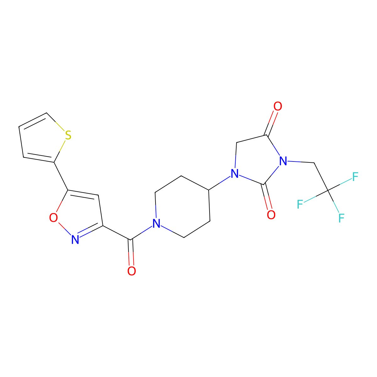 1-{1-[5-(Thiophen-2-yl)-1,2-oxazole-3-carbonyl]piperidin-4-yl}-3-(2,2,2-trifluoroethyl)imidazolidine-2,4-dione molecular structure, CAS 2097913-67-0