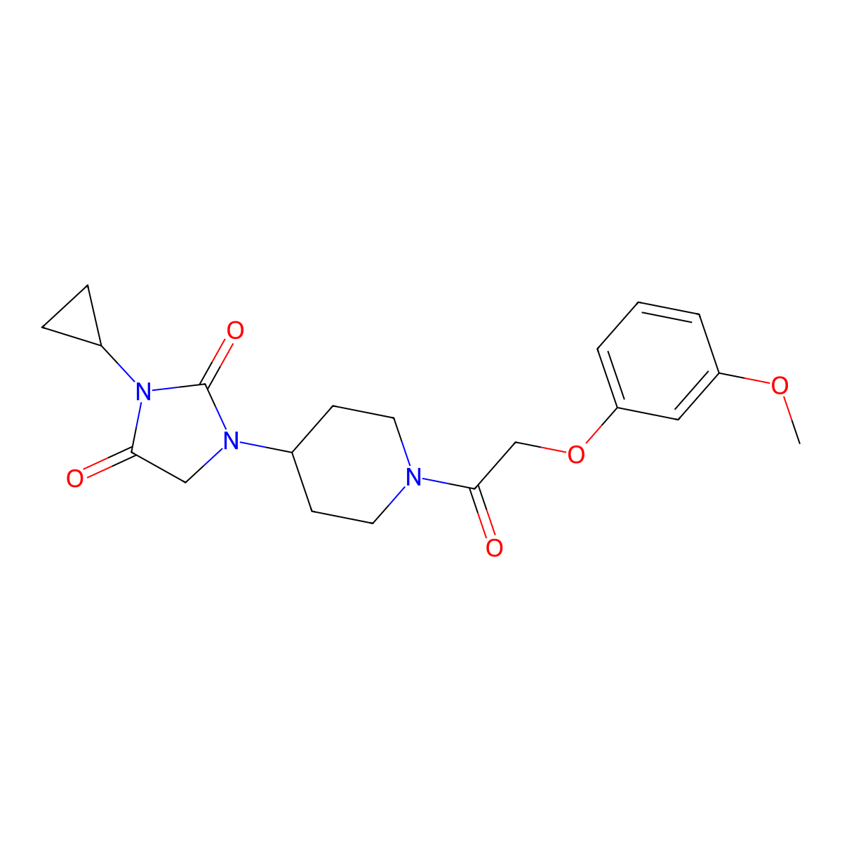 3-Cyclopropyl-1-{1-[2-(3-methoxyphenoxy)acetyl]piperidin-4-yl}imidazolidine-2,4-dione molecular structure, CAS 2097913-78-3