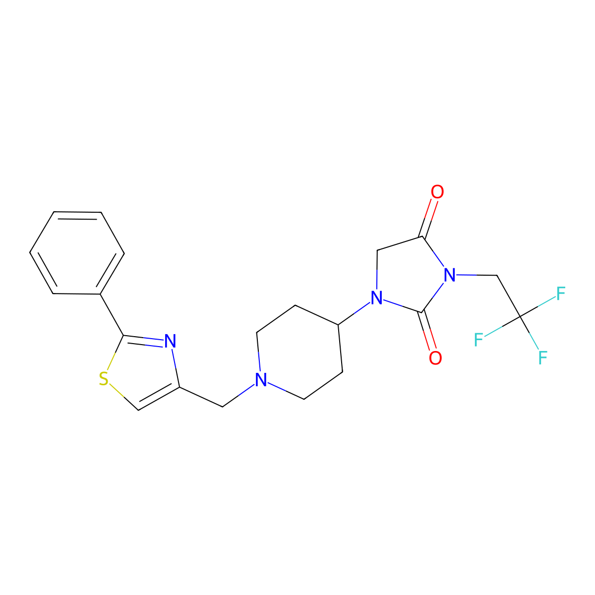 1-{1-[(2-Phenyl-1,3-thiazol-4-yl)methyl]piperidin-4-yl}-3-(2,2,2-trifluoroethyl)imidazolidine-2,4-dione molecular structure, CAS 2097913-80-7