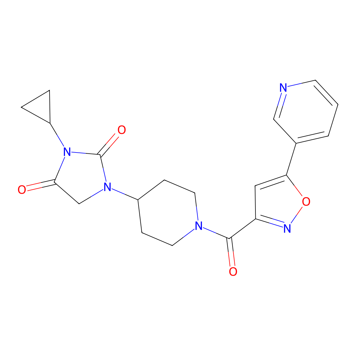 3-Cyclopropyl-1-{1-[5-(pyridin-3-yl)-1,2-oxazole-3-carbonyl]piperidin-4-yl}imidazolidine-2,4-dione molecular structure, CAS 2097913-96-5