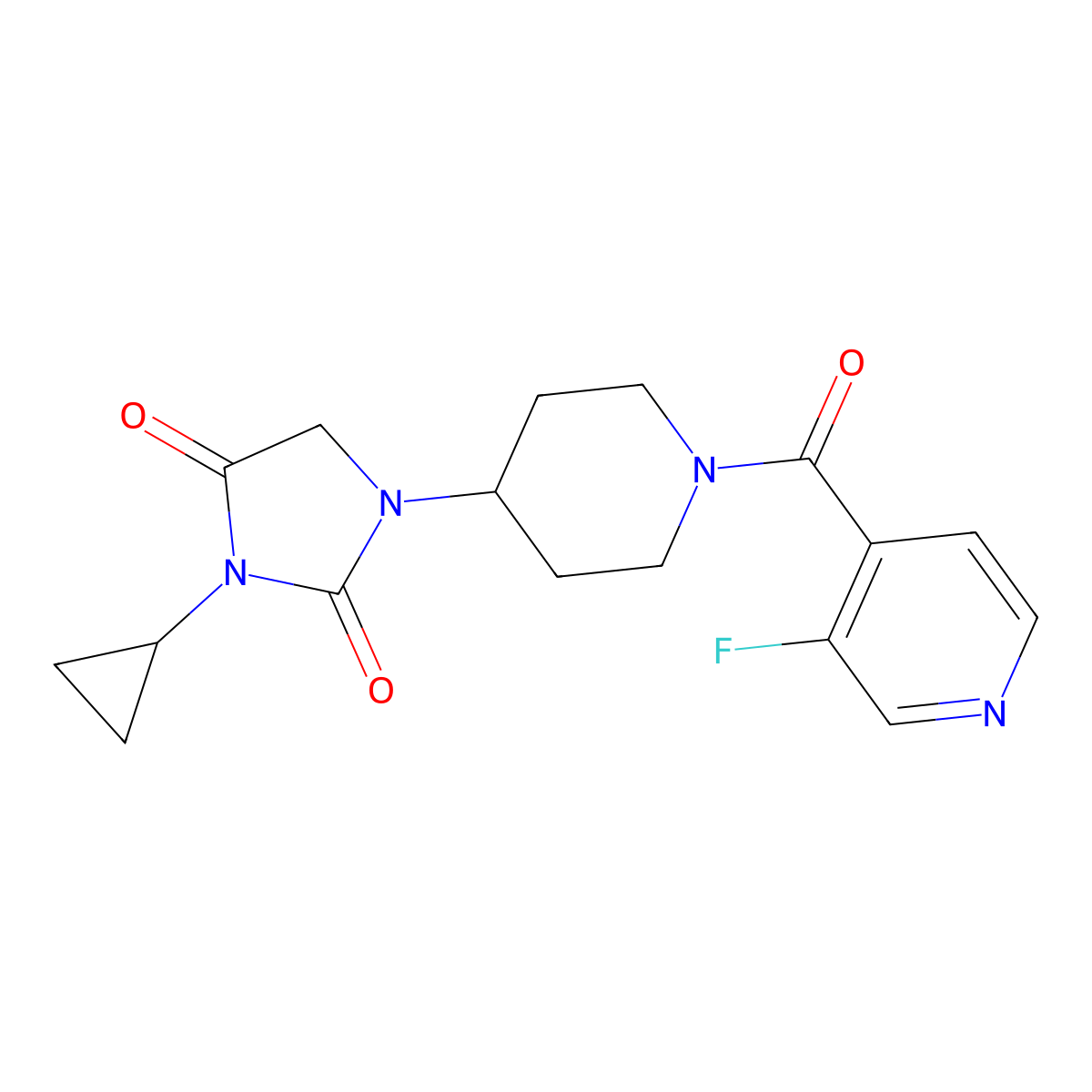 3-Cyclopropyl-1-[1-(3-fluoropyridine-4-carbonyl)piperidin-4-yl]imidazolidine-2,4-dione molecular structure, CAS 2097914-03-7