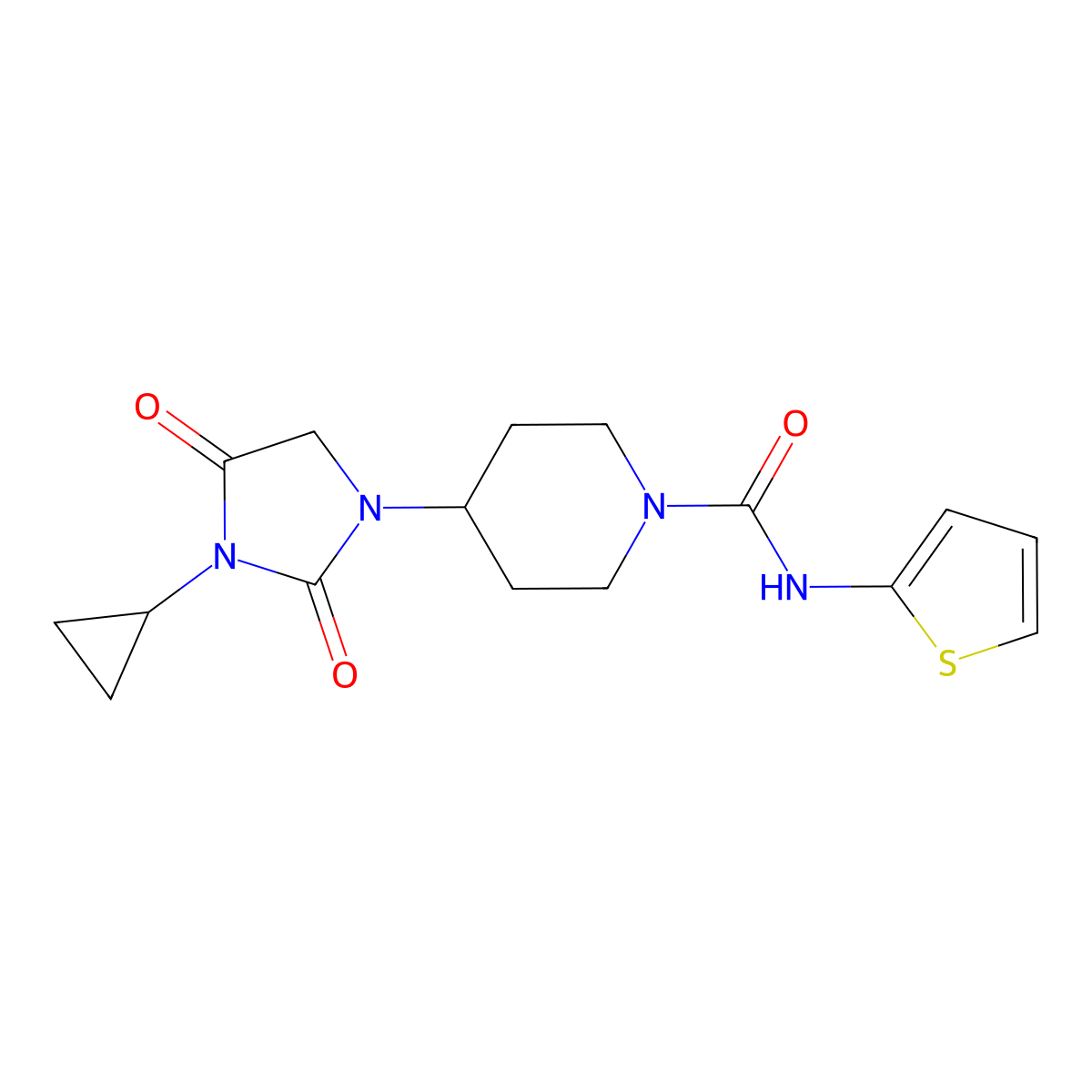 4-(3-cyclopropyl-2,4-dioxoimidazolidin-1-yl)-N-(thiophen-2-yl)piperidine-1-carboxamide molecular structure, CAS 2097914-09-3