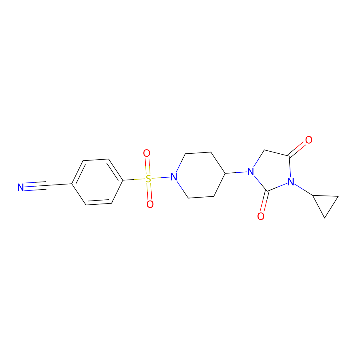 4-{[4-(3-Cyclopropyl-2,4-dioxoimidazolidin-1-yl)piperidin-1-yl]sulfonyl}benzonitrile molecular structure, CAS 2097914-14-0