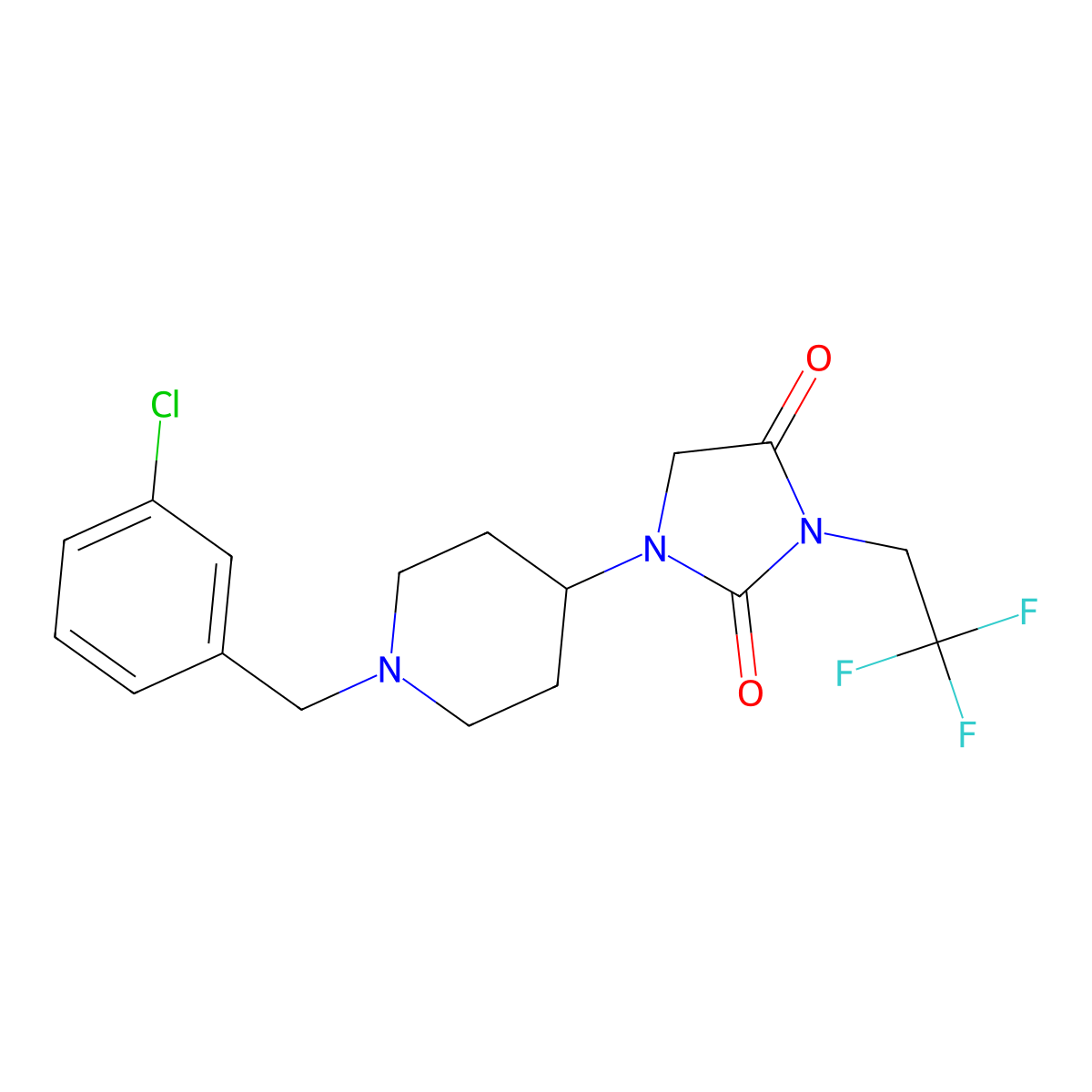 1-{1-[(3-Chlorophenyl)methyl]piperidin-4-yl}-3-(2,2,2-trifluoroethyl)imidazolidine-2,4-dione molecular structure, CAS 2097914-26-4