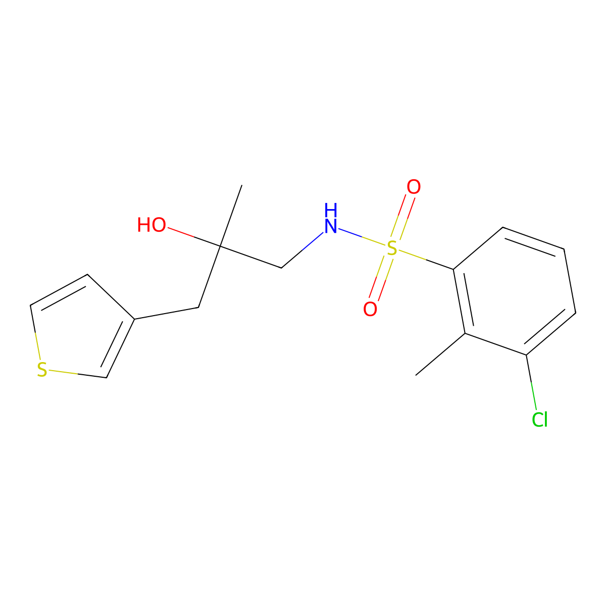 3-chloro-N-{2-hydroxy-2-[(thiophen-3-yl)methyl]propyl}-2-methylbenzene-1-sulfonamide molecular structure, CAS 2097914-32-2