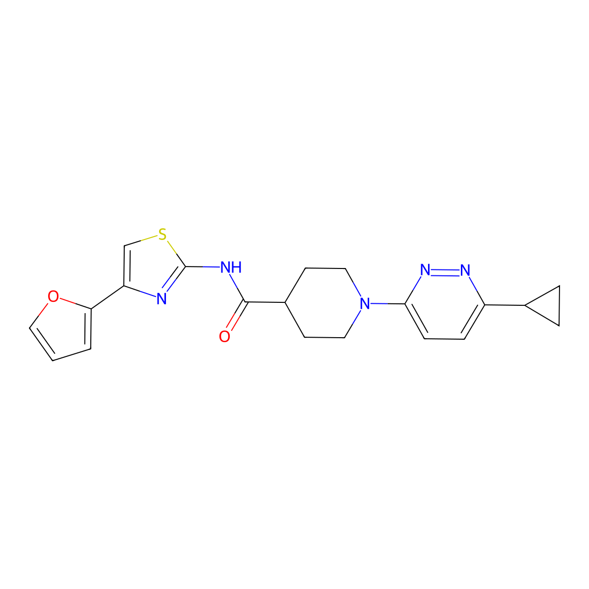 1-(6-cyclopropylpyridazin-3-yl)-N-[4-(furan-2-yl)-1,3-thiazol-2-yl]piperidine-4-carboxamide molecular structure, CAS 2097914-40-2