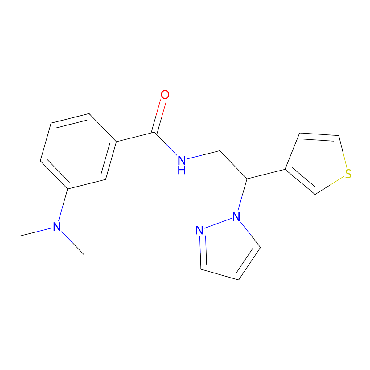3-(dimethylamino)-N-[2-(1H-pyrazol-1-yl)-2-(thiophen-3-yl)ethyl]benzamide molecular structure, CAS 2097914-42-4