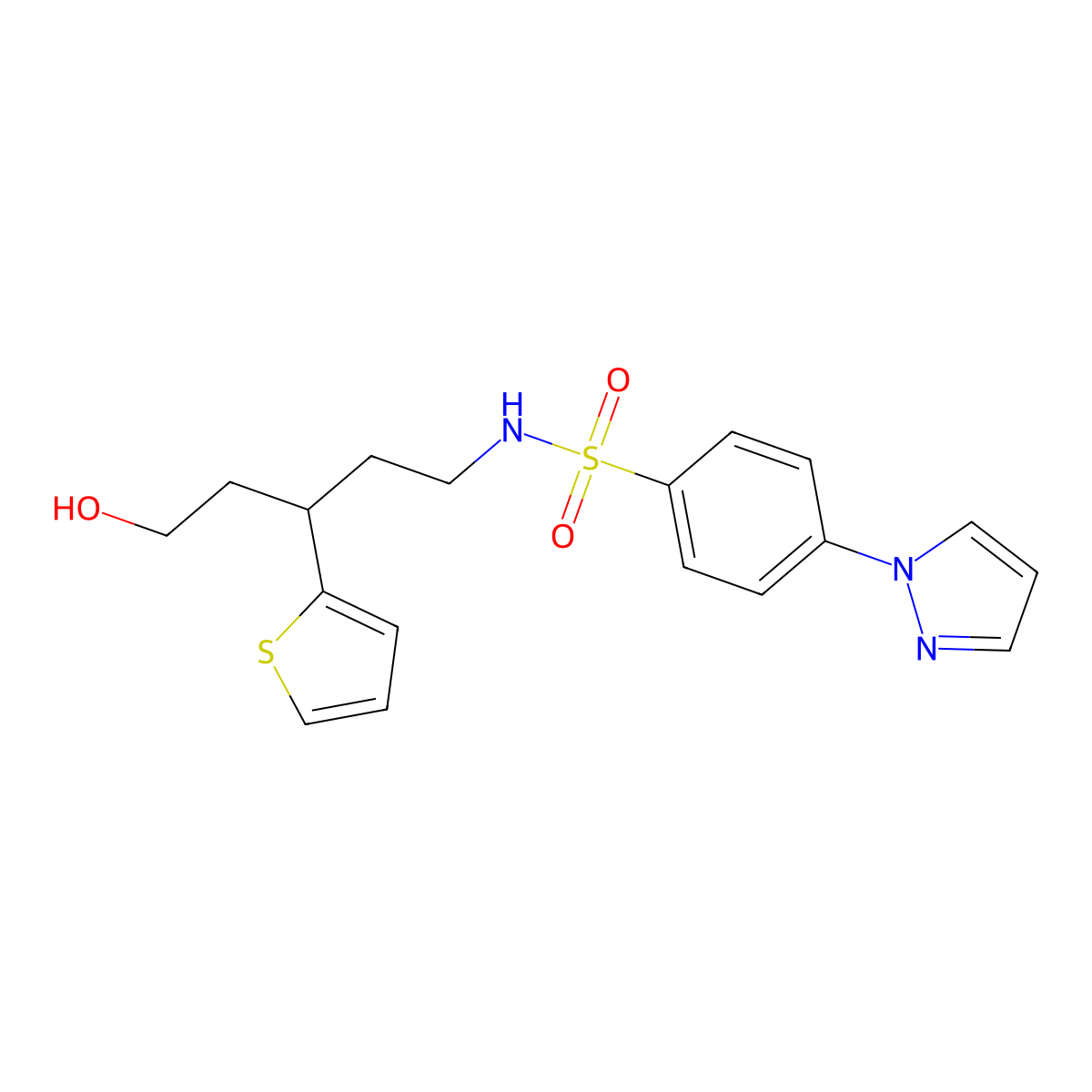 N-[5-hydroxy-3-(thiophen-2-yl)pentyl]-4-(1H-pyrazol-1-yl)benzene-1-sulfonamide molecular structure, CAS 2097914-47-9